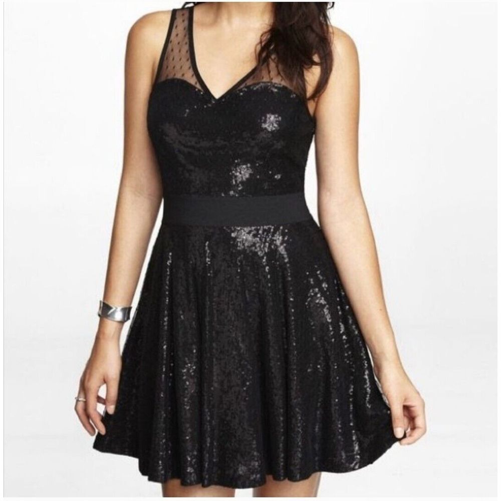 Express Sequin Dress Women's Black Mesh Overlay Sleeveless Side Zip Mini Size XS